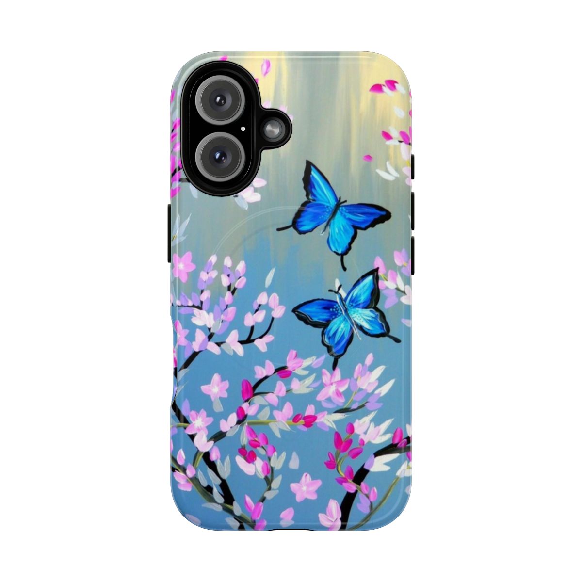 Elegant gray phone case with butterfly and cherry blossom floral designs