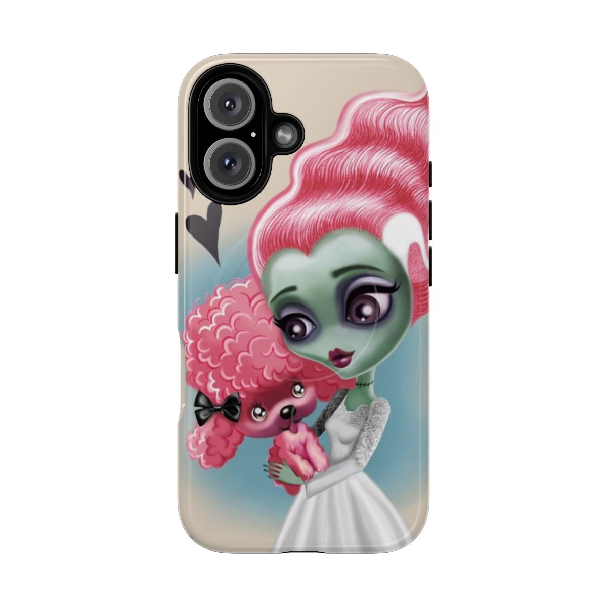 A magnetic tough phone case featuring a gothic, spooky bride design with stitches and poodle elements.