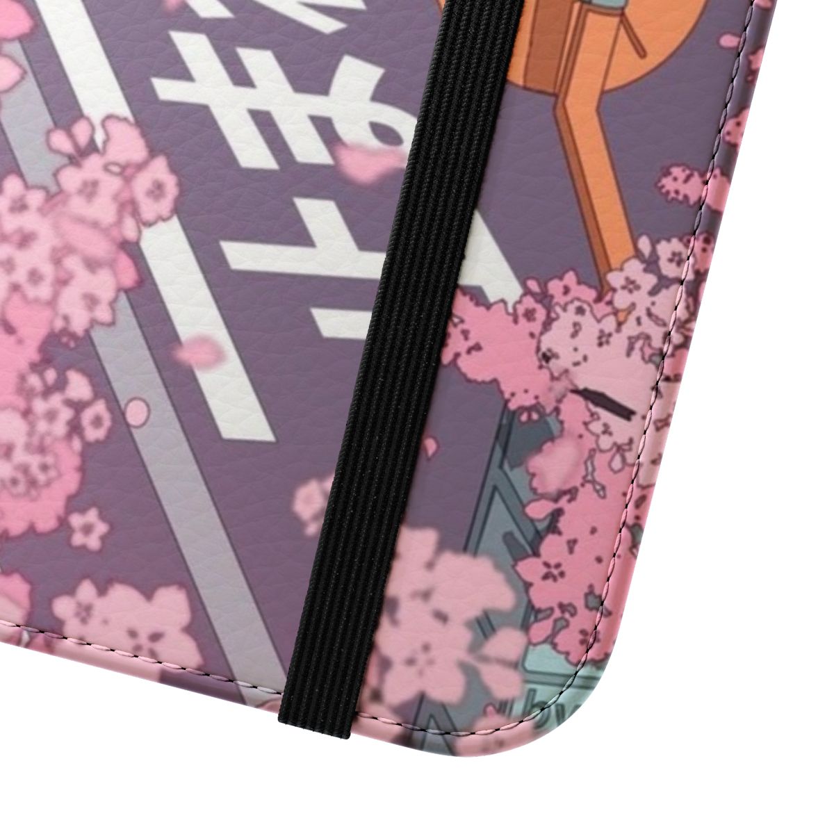 Flip cover phone case with a beautiful cherry blossom tree design on a Japanese street scene. - Close Up