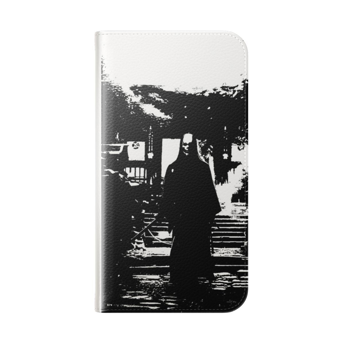 Flip phone case featuring a dramatic black and white silhouette of a samurai warrior in a minimalist, mystical design. - Folded Back