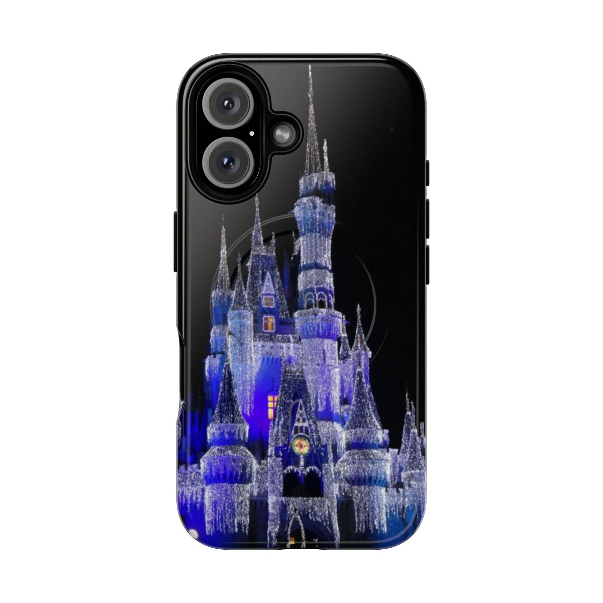 Magnetic tough phone case with blue and white lights reflecting off the Cinderella Castle at Walt Disney World in Orlando, Florida.