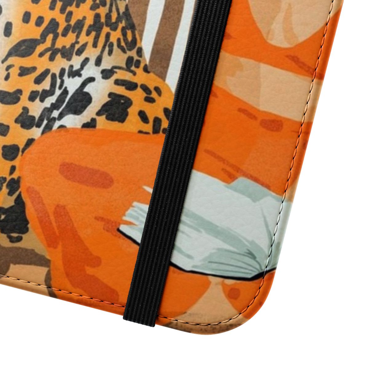 Tropical wildlife phone case with a modern bohemian design featuring a blonde woman in a jungle setting. - Close Up