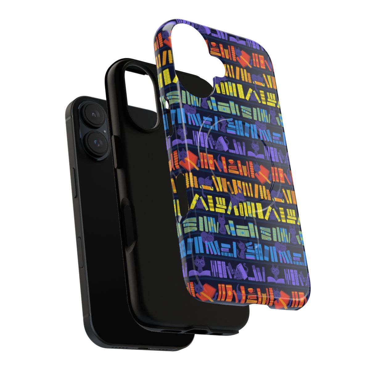 Vibrant illustration of kittens reading books in a library on a magnetic, protective phone case - Layers