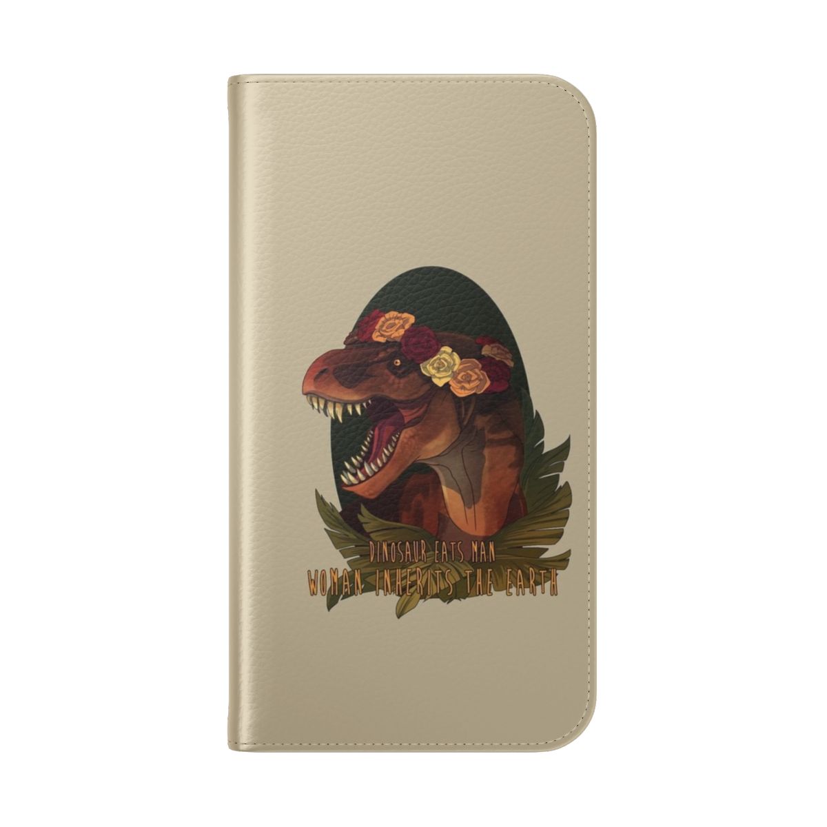 Stylized dinosaur phone case with flower crown design - Folded Back