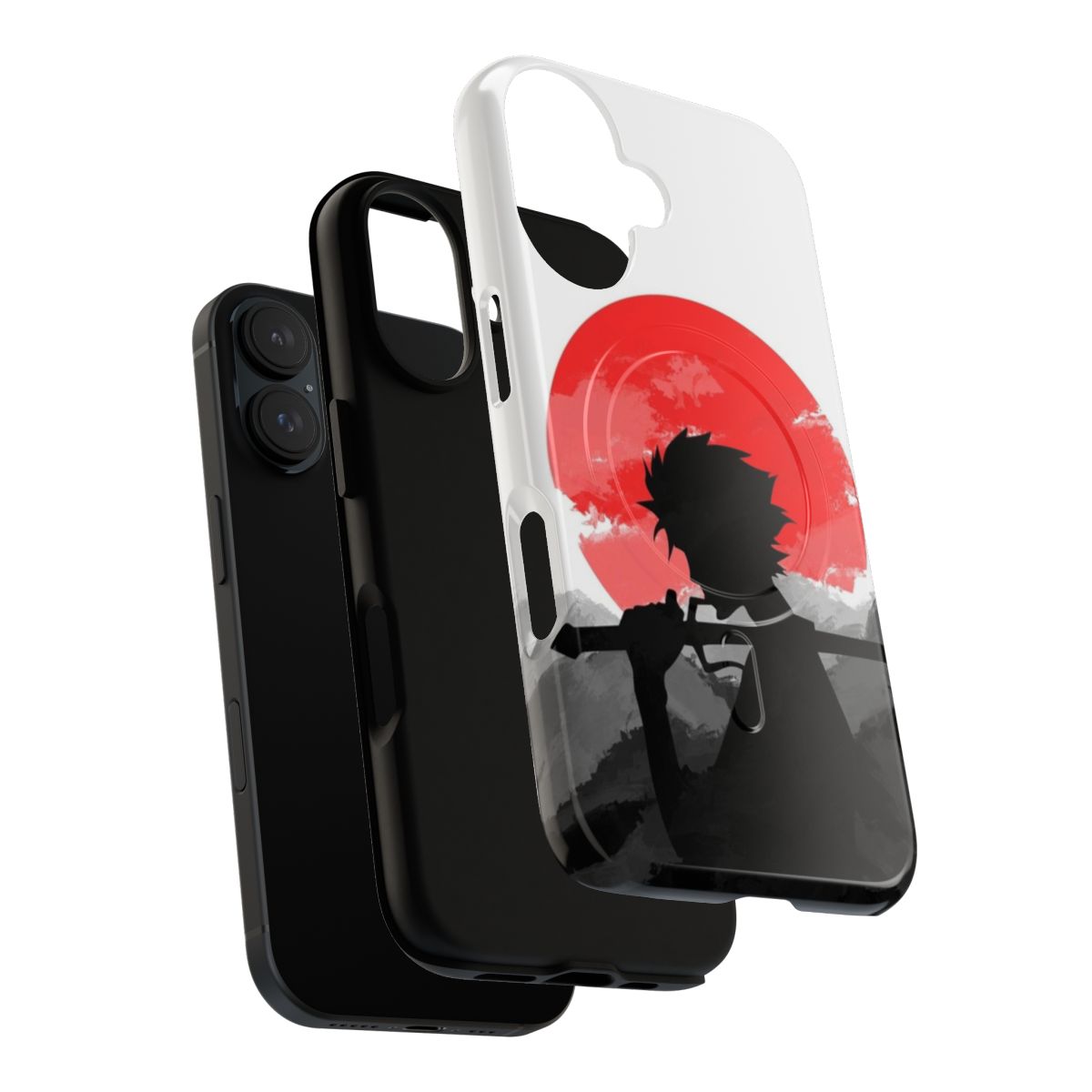 Artistic silhouette of a samurai warrior against a vibrant sunset landscape on a durable magnetic phone case. - Layers