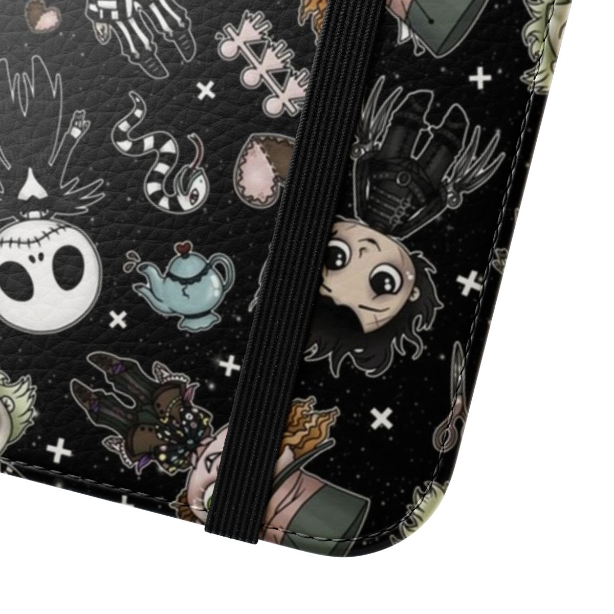 A sleek black flip cover phone case featuring gothic and Tim Burton-inspired designs. - Close Up