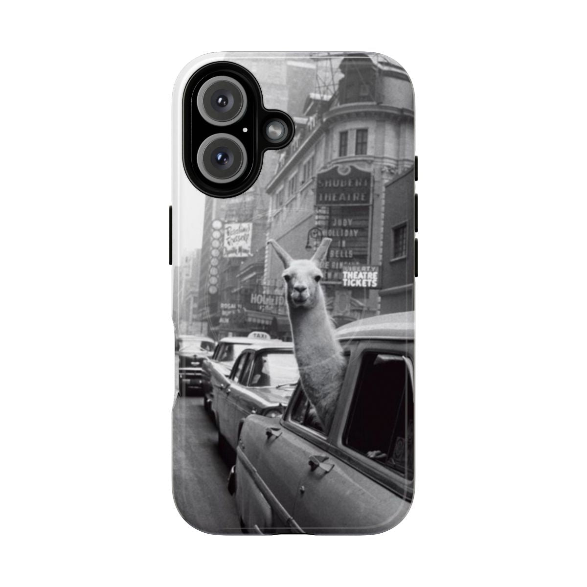 A black and white phone case featuring a llama design, perfect for New York enthusiasts.