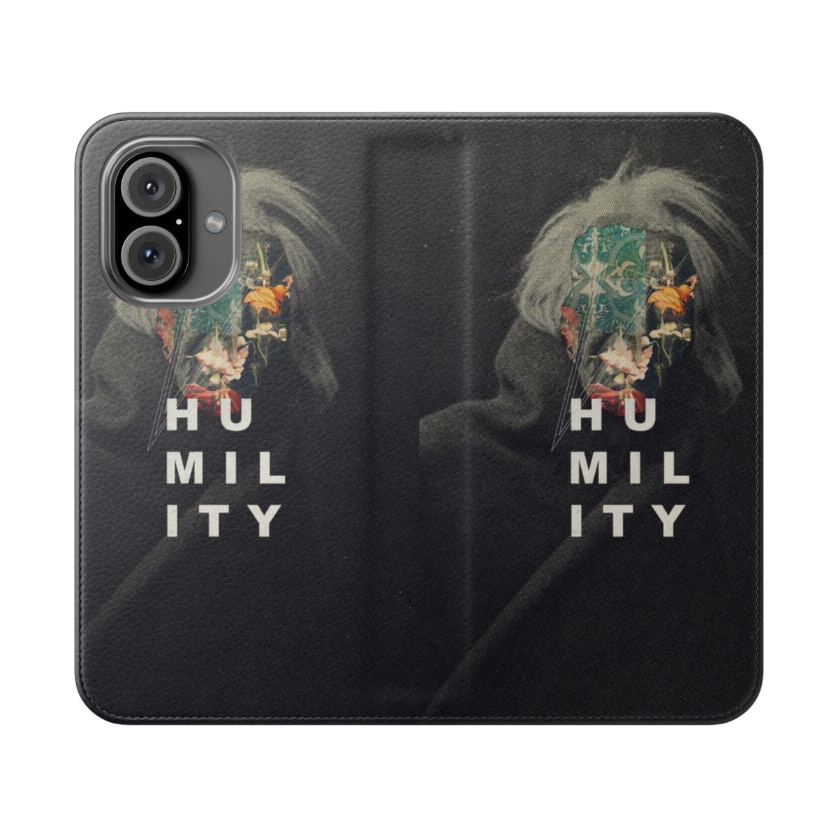 A flip cover phone case featuring a collage design with inspirational elements like flowers, vintage typography, and a man's portrait.