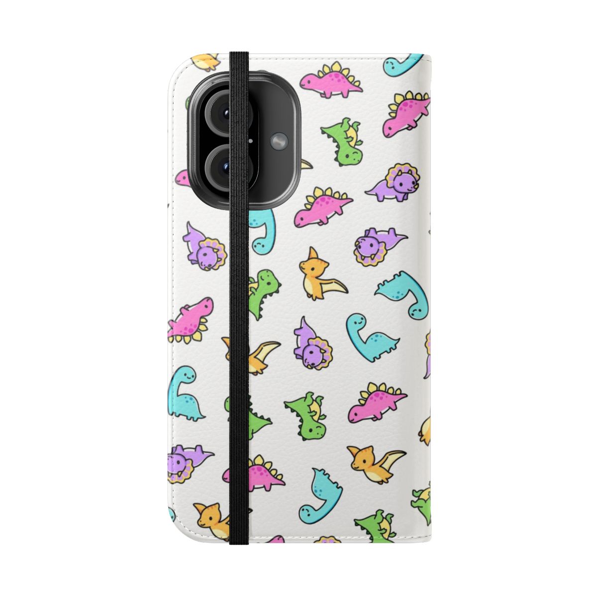 Cute dinosaur-themed flip phone case with brontosaurus, brachiosaurus, pterodactyl, T-Rex, triceratops, and stegosaurus designs. - Folded Front