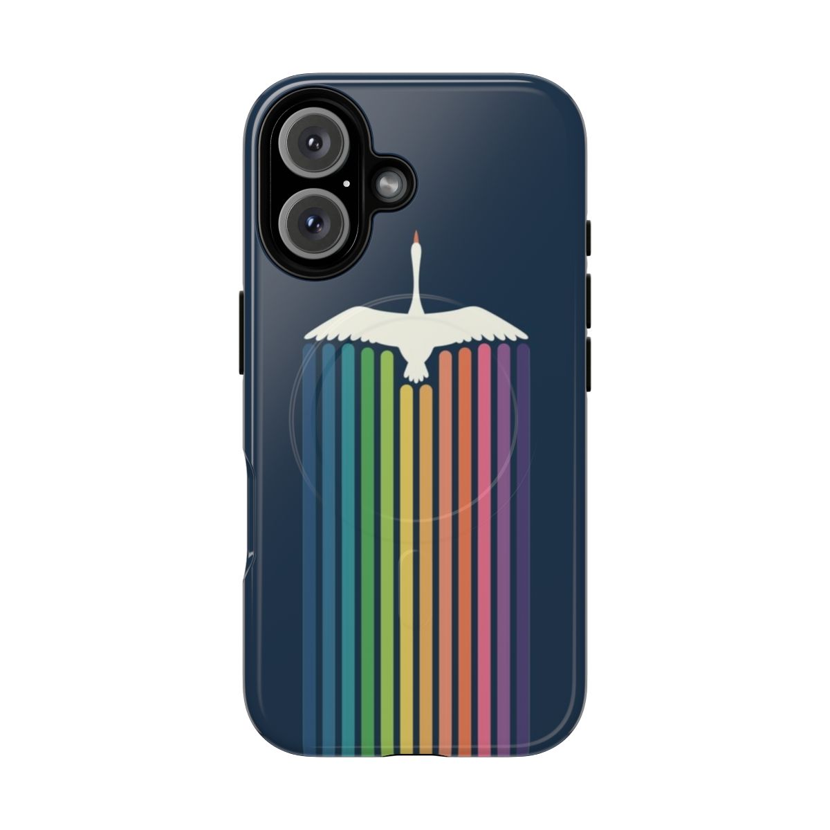 A magnetic tough phone case featuring a beautiful swan flying through a colorful sky landscape.