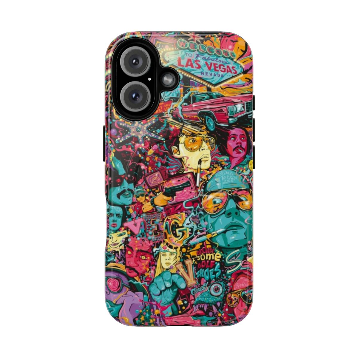 Phone case with a retro, psychedelic design inspired by the cult classic movie "Fear and Loathing in Las Vegas"