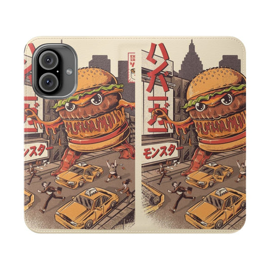 Anime-inspired flip phone case with a fun, burger-themed design