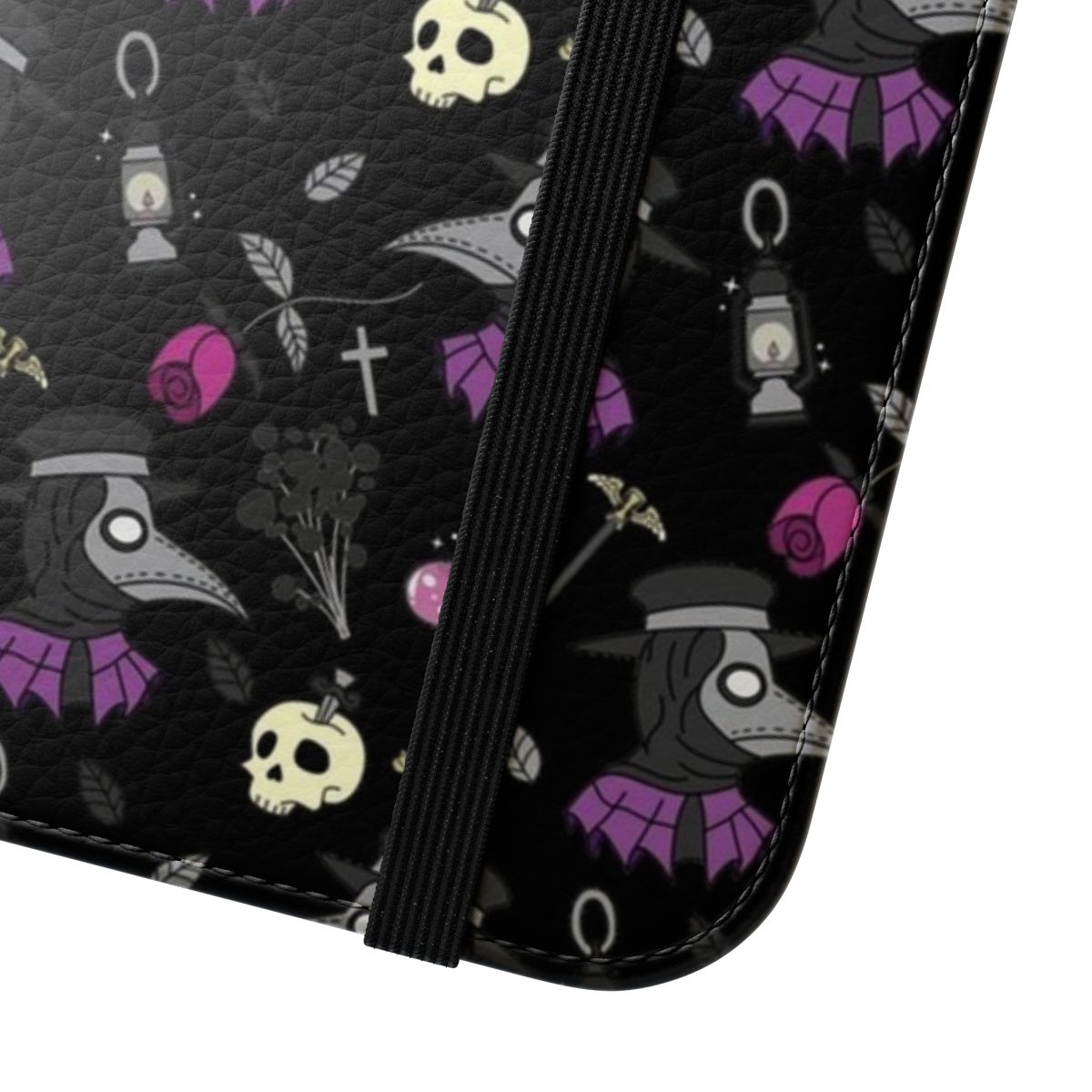 Plague doctor inspired flip phone case with bird mask, skull, and lantern design - Close Up