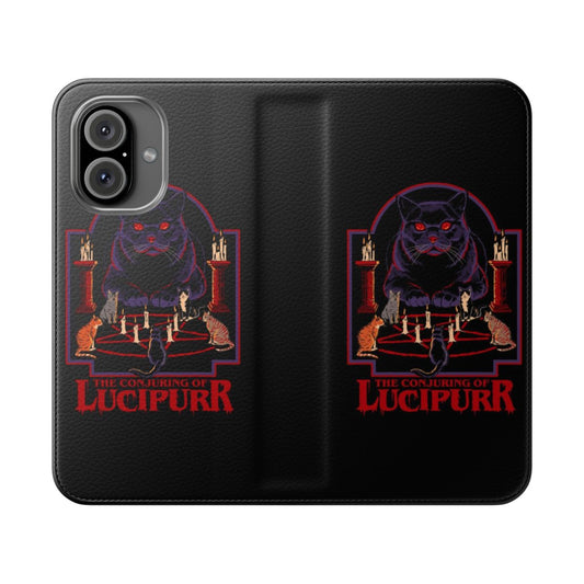 Retro vintage flip phone case with a pentagram, cats, and occult imagery