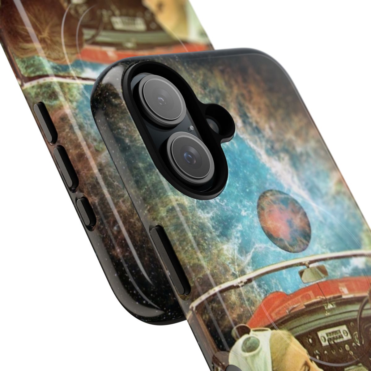 A surreal collage artwork phone case with planets, nebula, and stars in the night sky. - Detail