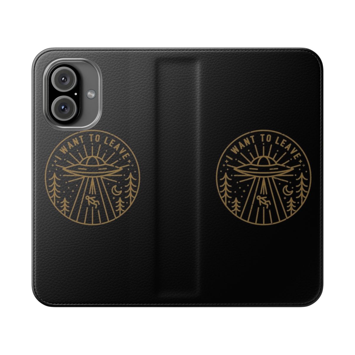 A flip cover phone case with a sci-fi and pop culture inspired design, featuring references to the X-Files, aliens, and other related themes.