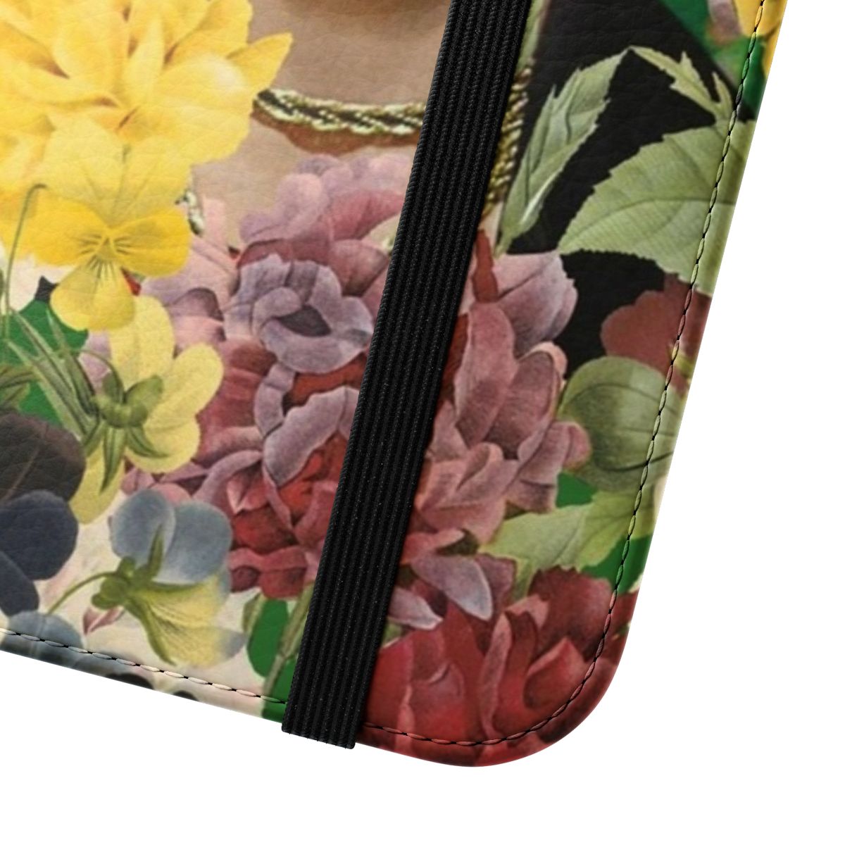 Colorful flip cover phone case featuring a design inspired by the iconic Mexican artist Frida Kahlo and her floral garden. - Close Up