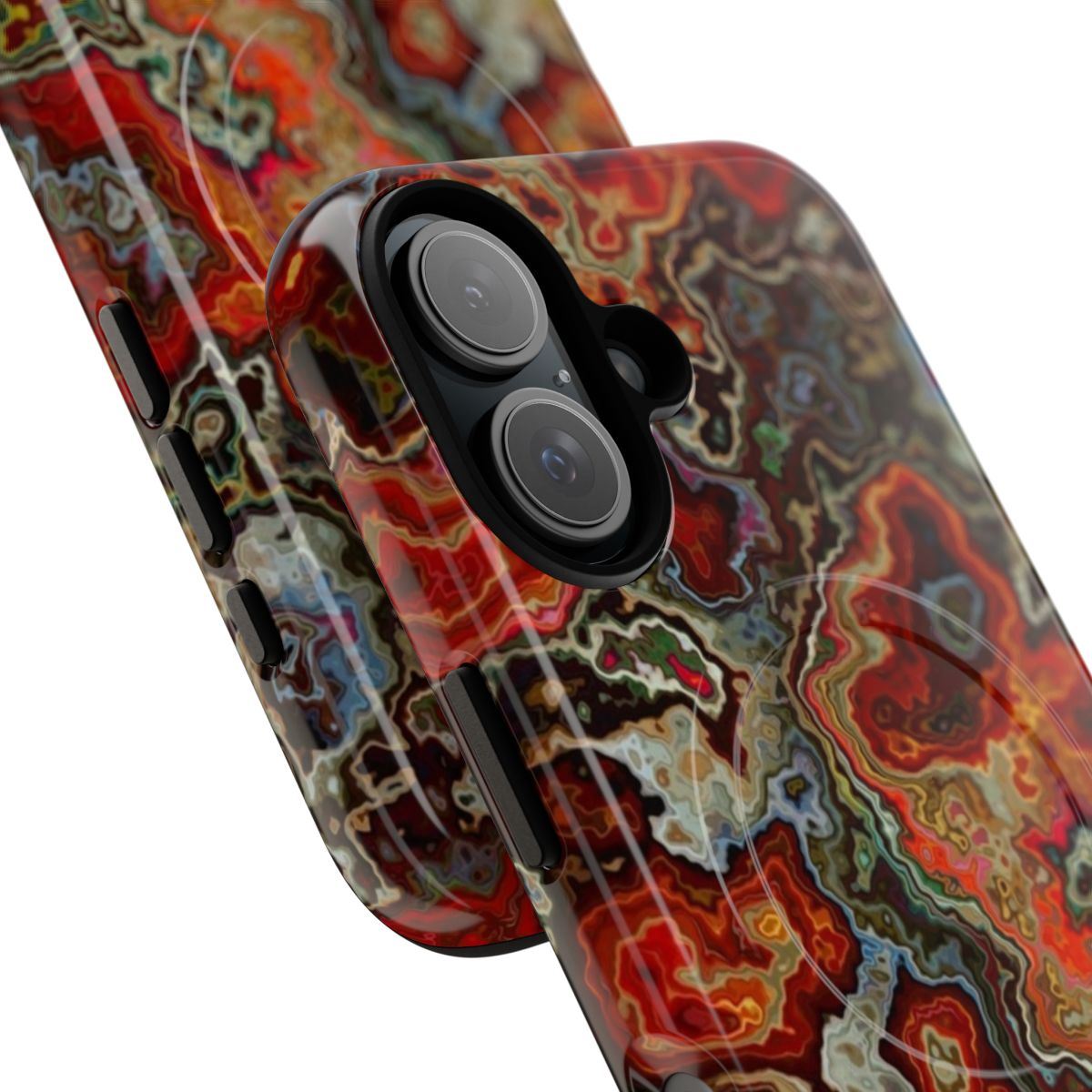 Magnetic tough phone case with a vibrant, psychedelic abstract art design inspired by blood geodes and lava rocks. - Detail