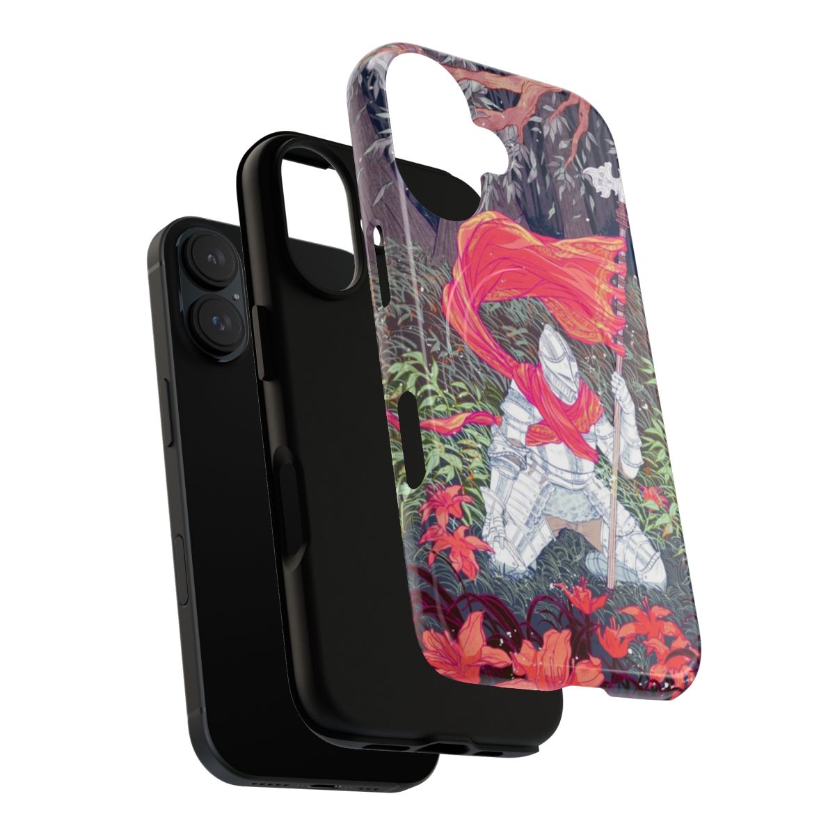 Protective phone case with medieval knight armor and fantasy floral design - Layers