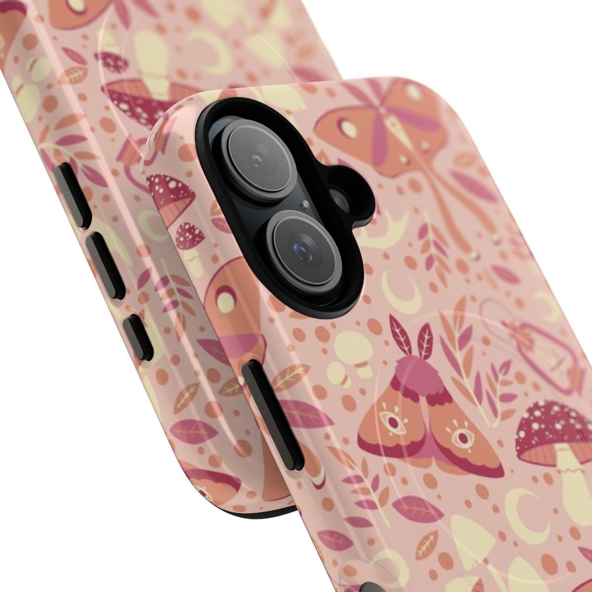 Pink phone case with a mystical, nature-inspired design featuring moths, mushrooms, and other forest elements. - Detail