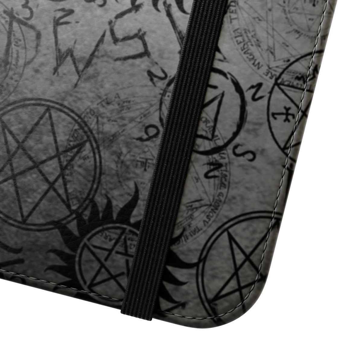 A grey flip cover phone case featuring supernatural-inspired symbols and imagery. - Close Up