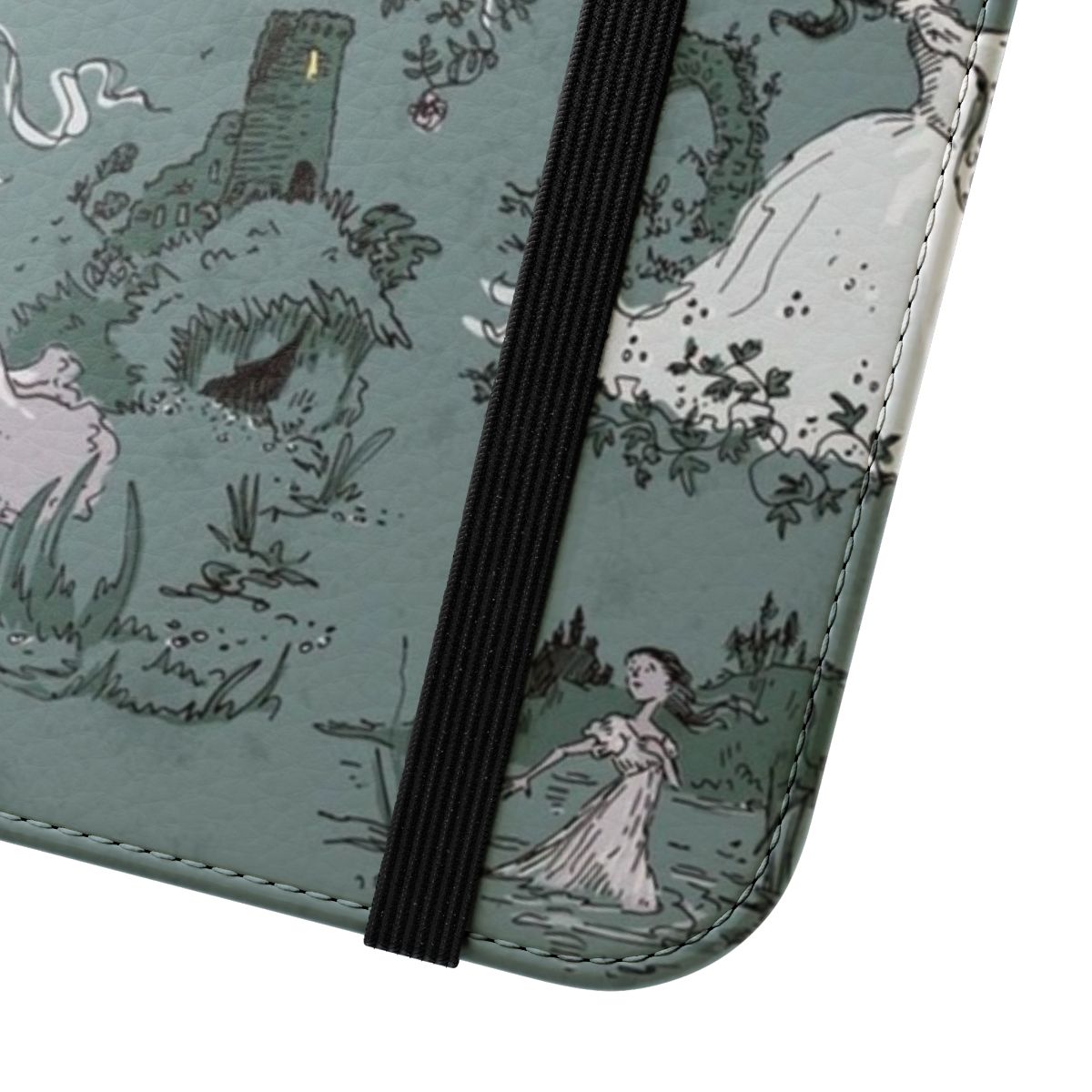 Flip phone case with illustration of girls running from a haunted house - Close Up