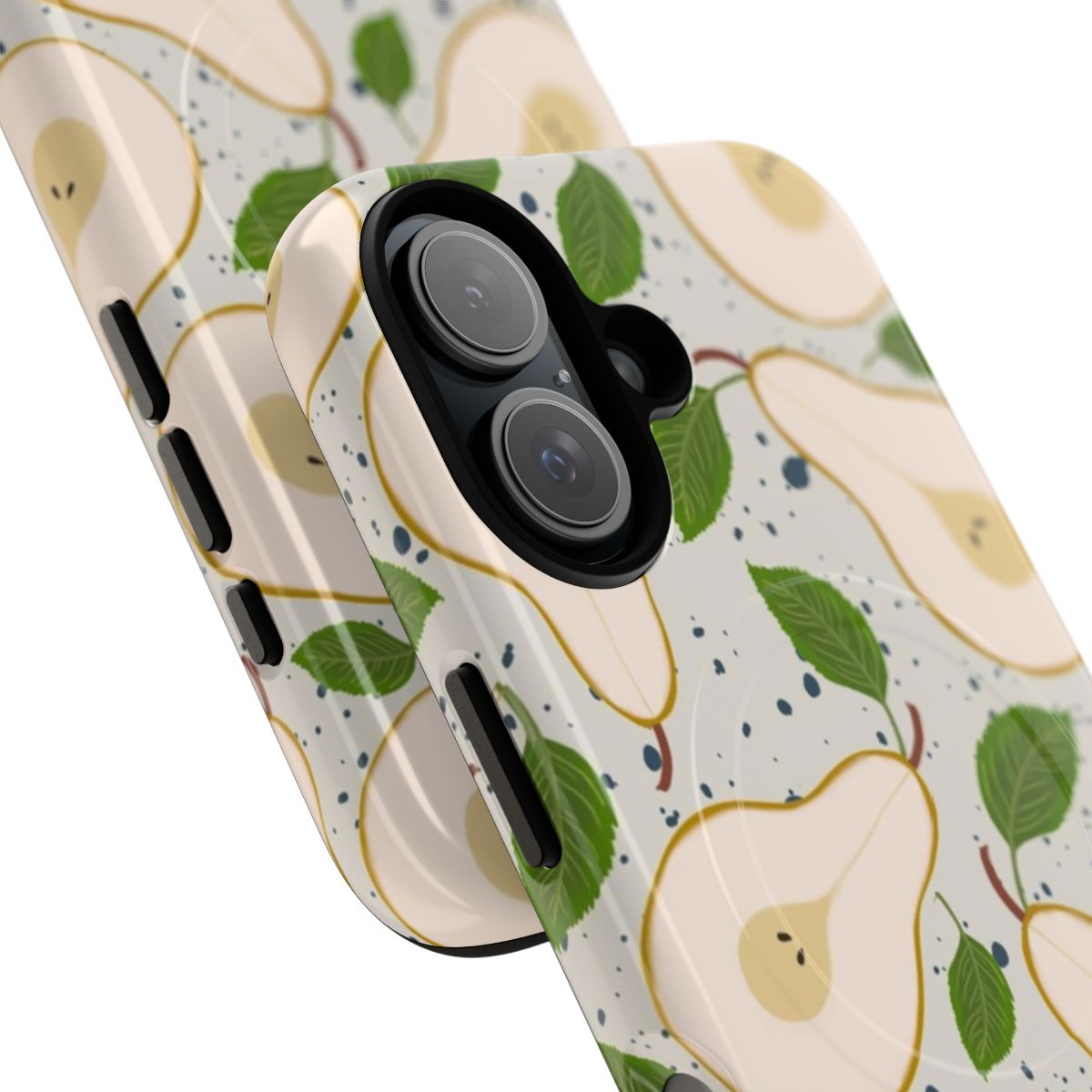 A modern and stylish phone case featuring a vibrant pear design with a grey speckled texture. - Detail