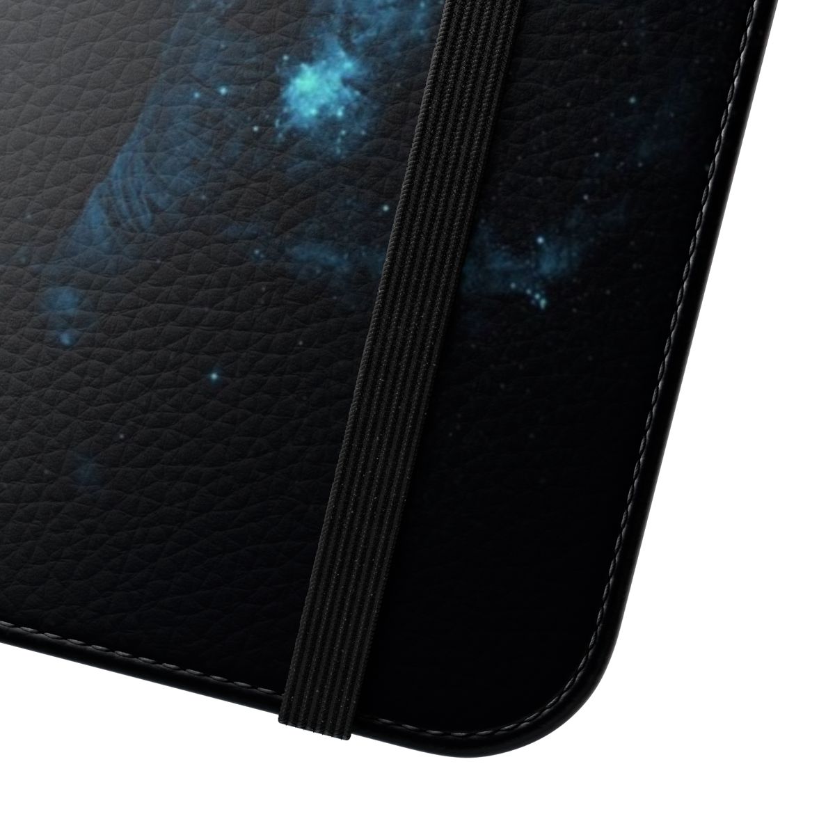 Flip cover phone case with a space themed design featuring an astronaut, planets, stars, and the cosmos. - Close Up