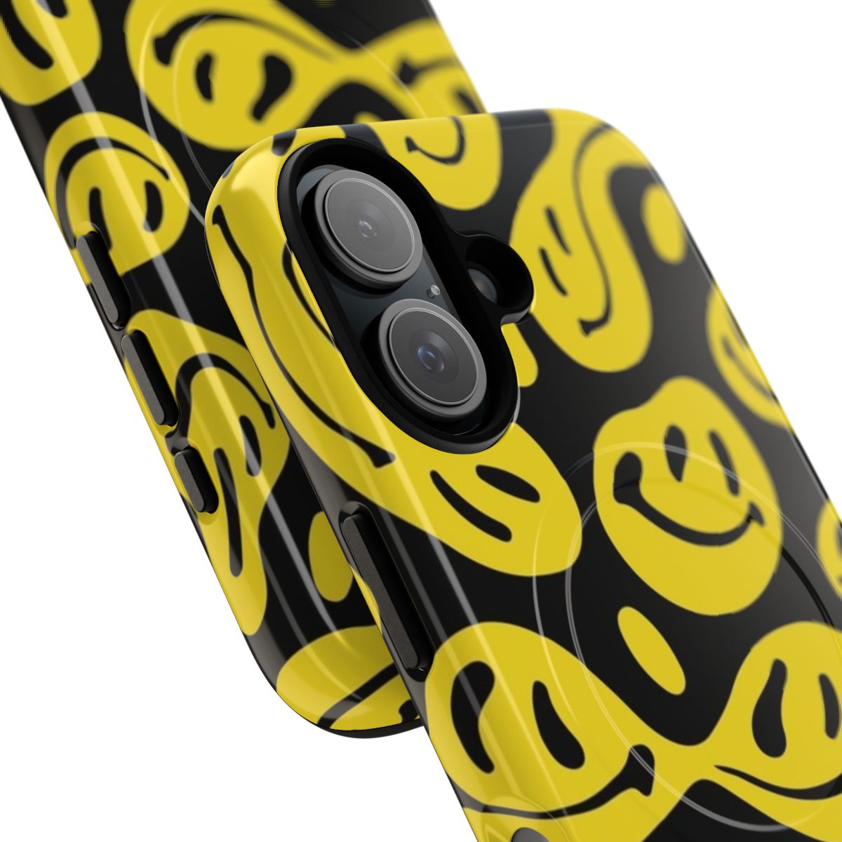 Vibrant, trippy melting smiley design on a magnetic phone case - Detail