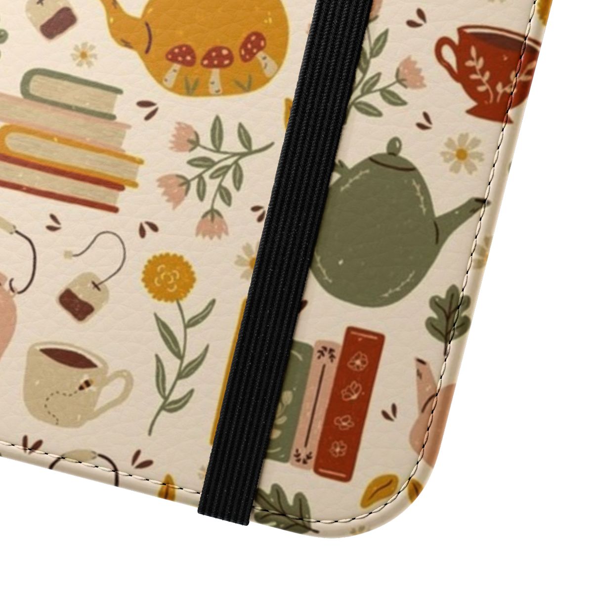 Whimsical floral phone case with a vintage-inspired books and tea design - Close Up