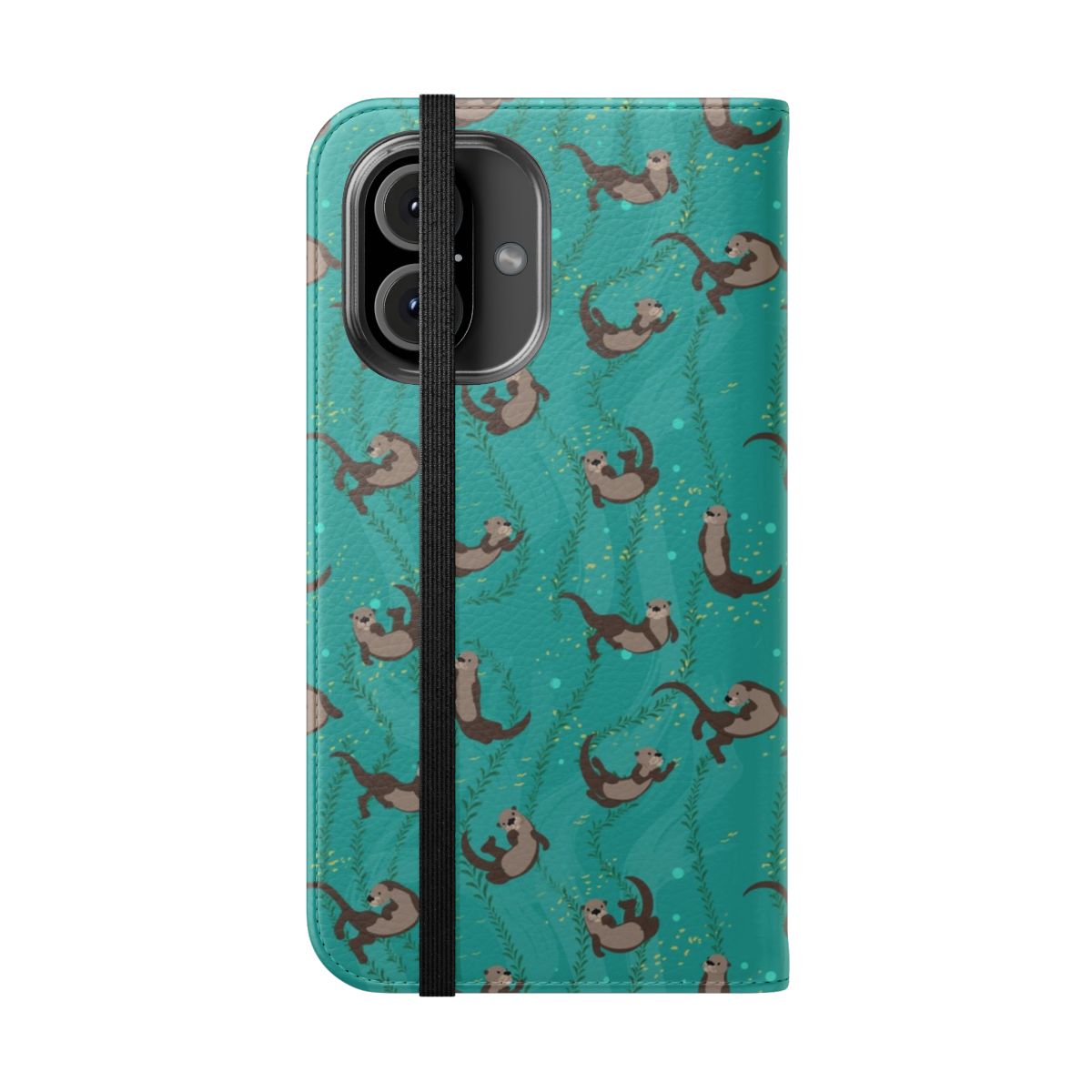 A whimsical phone case featuring a group of playful otters swimming underwater with bubbles. - Folded Front