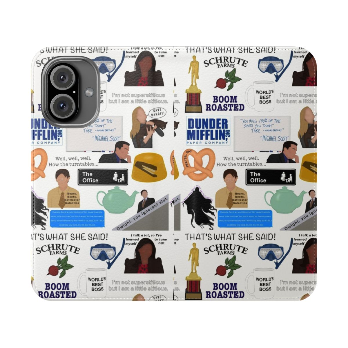 Collage-style flip cover phone case featuring designs inspired by the popular TV show The Office