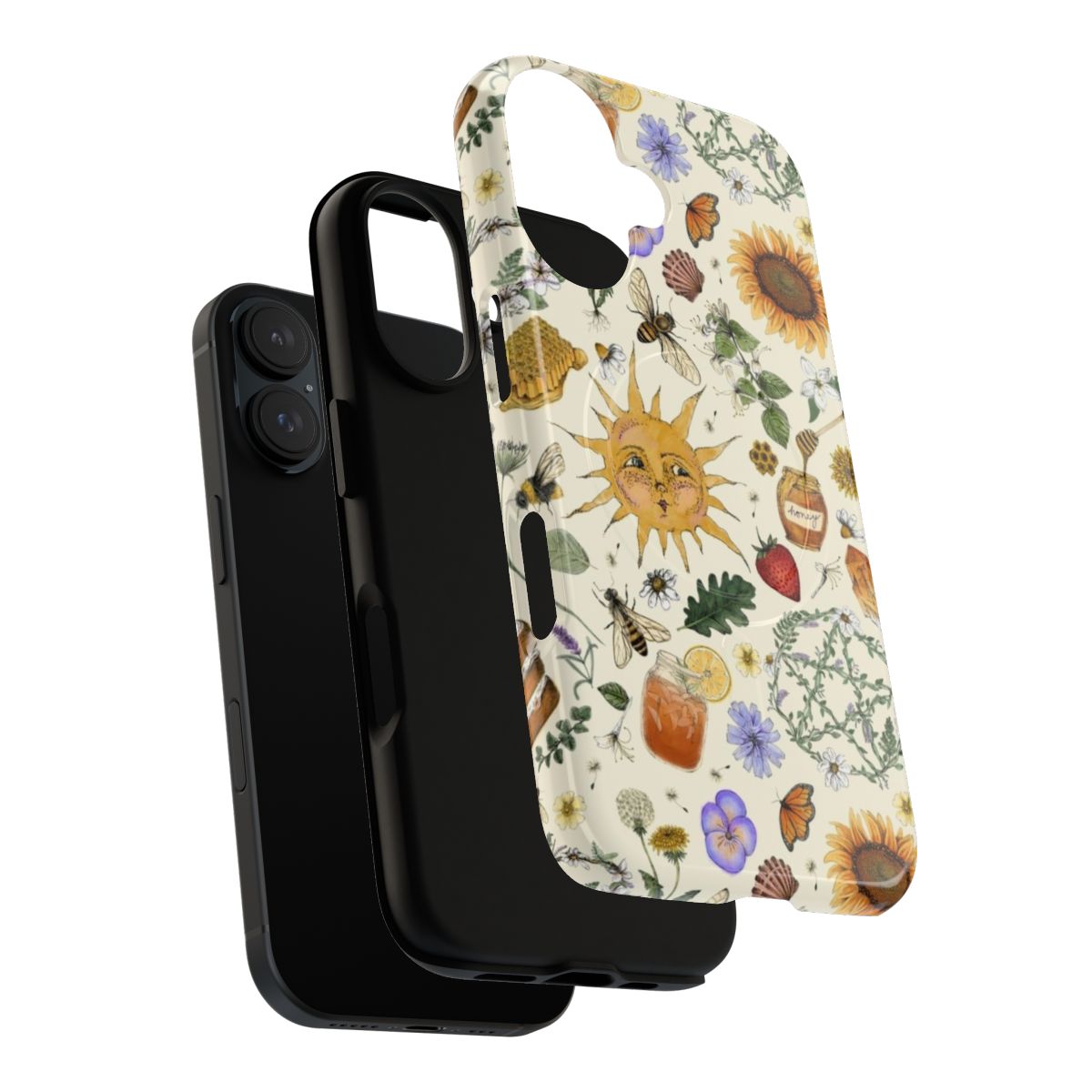 Cream-colored phone case with a litha pattern featuring a pentacle, sunflowers, and butterflies - Layers