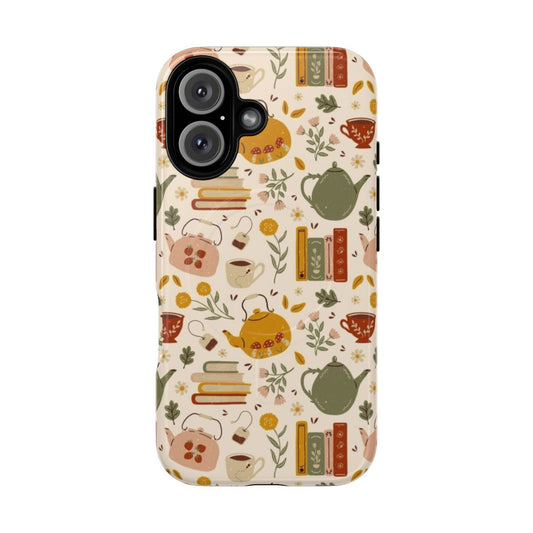 A colorful floral and cottagecore-inspired phone case featuring books and tea elements.