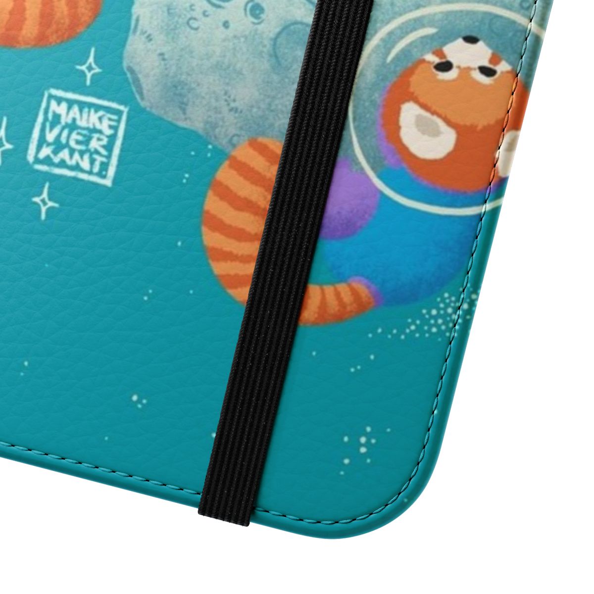 Colorful phone case design featuring a cute red panda in a pastel space landscape - Close Up