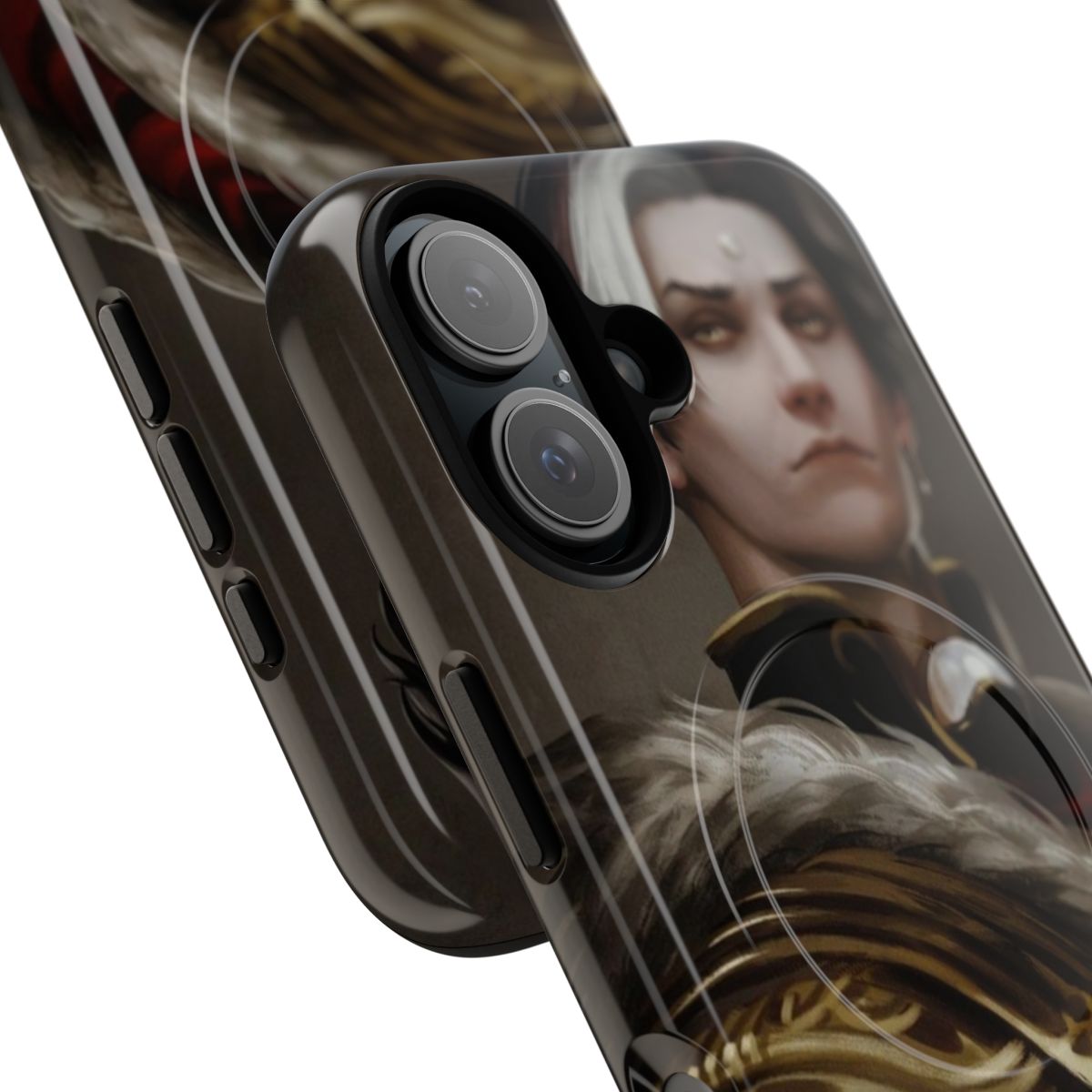 Magnetic phone case featuring a portrait of Emet-Selch, the Ascian Solus zos Galvus, from the video game Final Fantasy XIV. - Detail