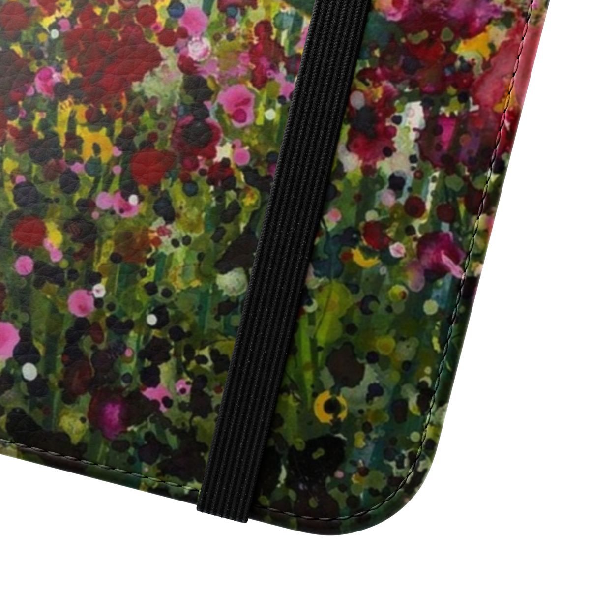 Colorful and artistic flip cover phone case featuring a vibrant floral and wildflower design - Close Up