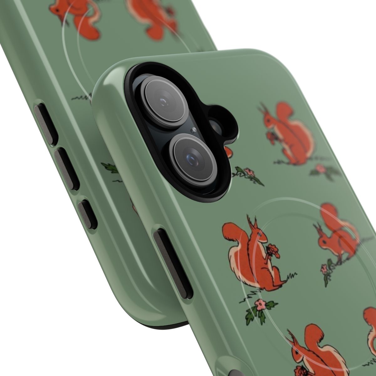 A magnetic phone case featuring a vibrant illustration of playful squirrels in a lush, floral forest setting. - Detail