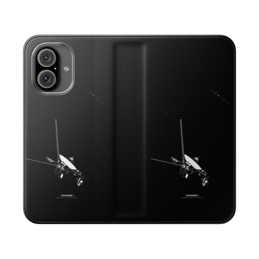 Minimalist phone case inspired by the Voyager 1 space probe, featuring a sleek and futuristic design.