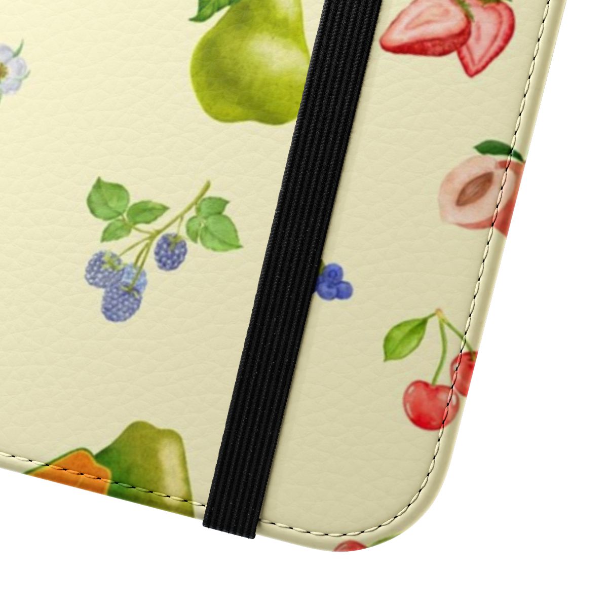 Colorful flip phone case with a vintage, scandinavian-inspired fruit design - Close Up