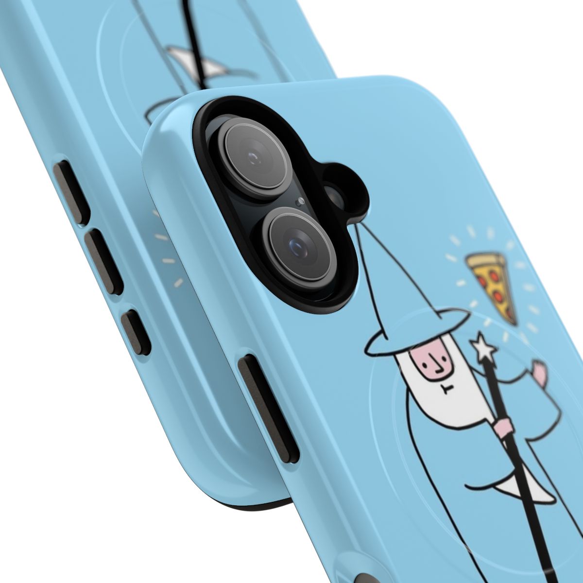 A blue and white phone case with a cartoon pizza wizard character, featuring a beard, stars, and pizza toppings. - Detail