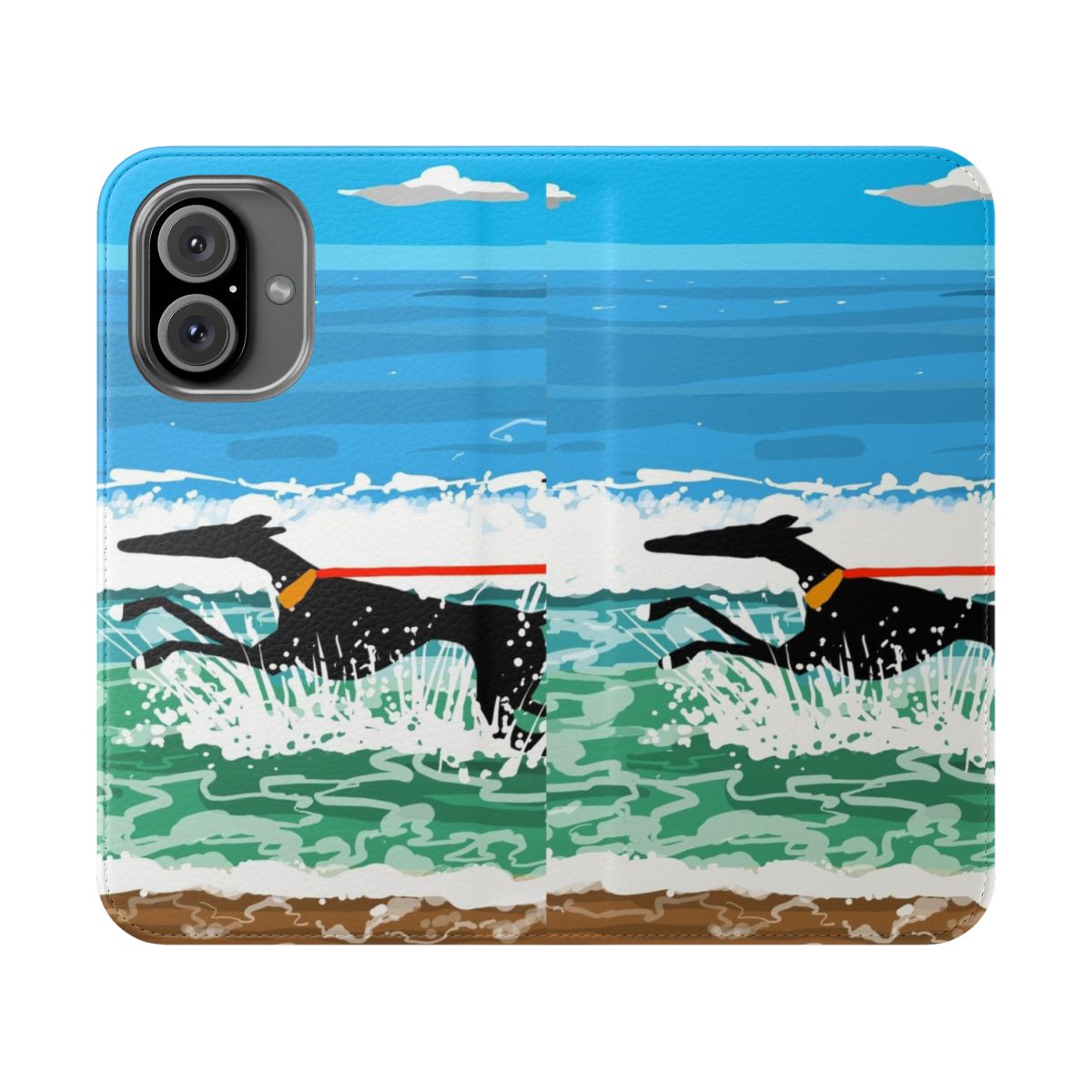 Image of a phone case featuring greyhounds, whippets, or lurchers running in the sea with waves and flowers.