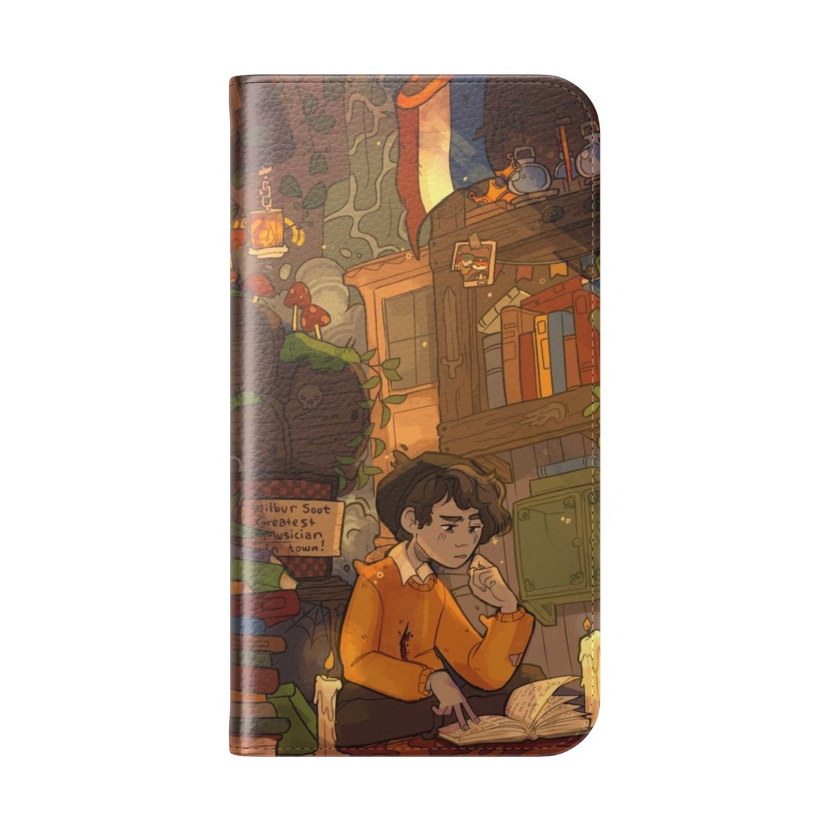 Ghostbur-themed flip cover phone case with image of Ghostbur from the Dream SMP - Folded Back