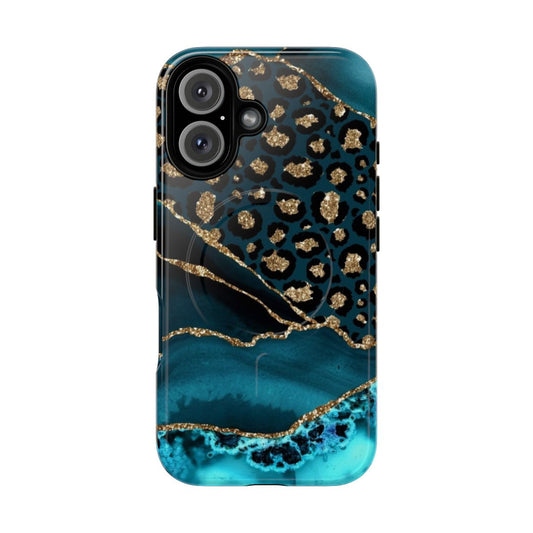 Teal and gold leopard agate phone case with a stylish and protective design