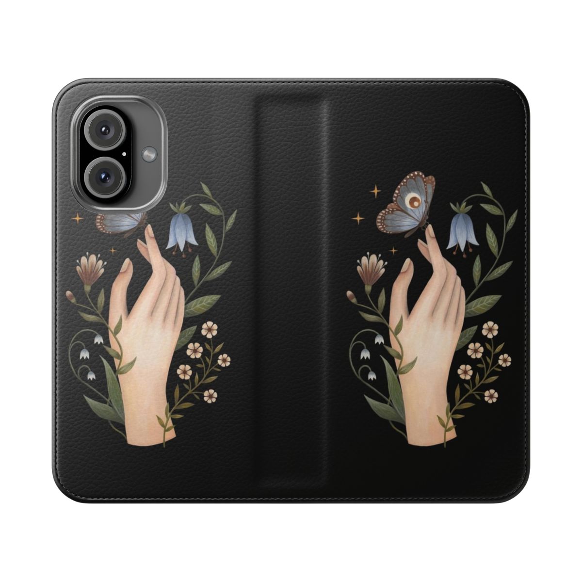 Hand painted phone case with floral and butterfly design in nature-inspired colors