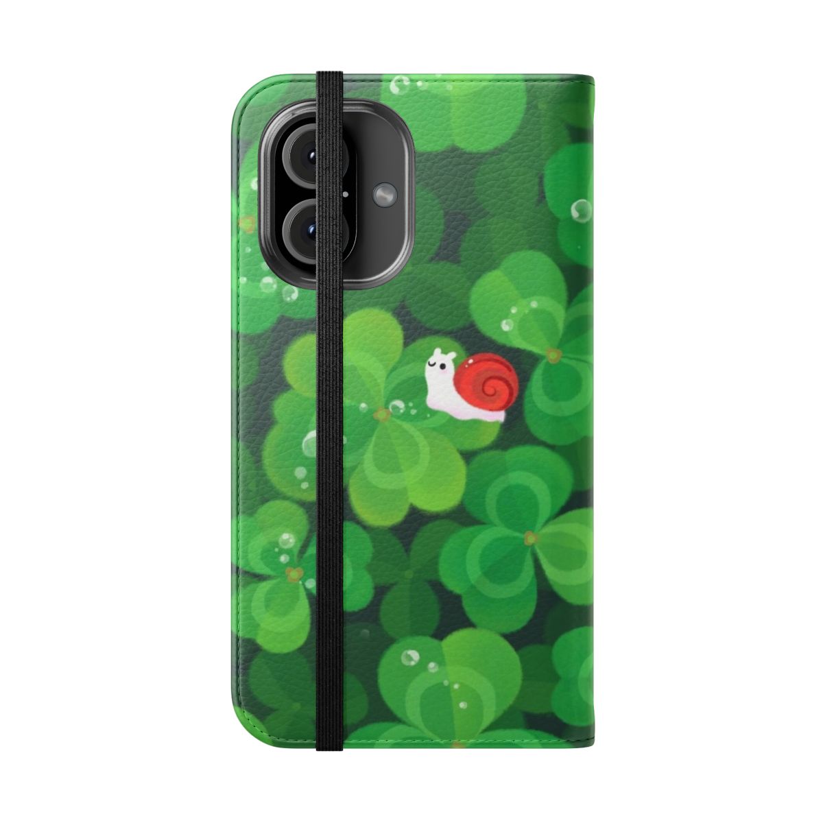 Flip cover phone case featuring a happy, smiling snail surrounded by 4-leaf clovers and other whimsical nature elements - Folded Front