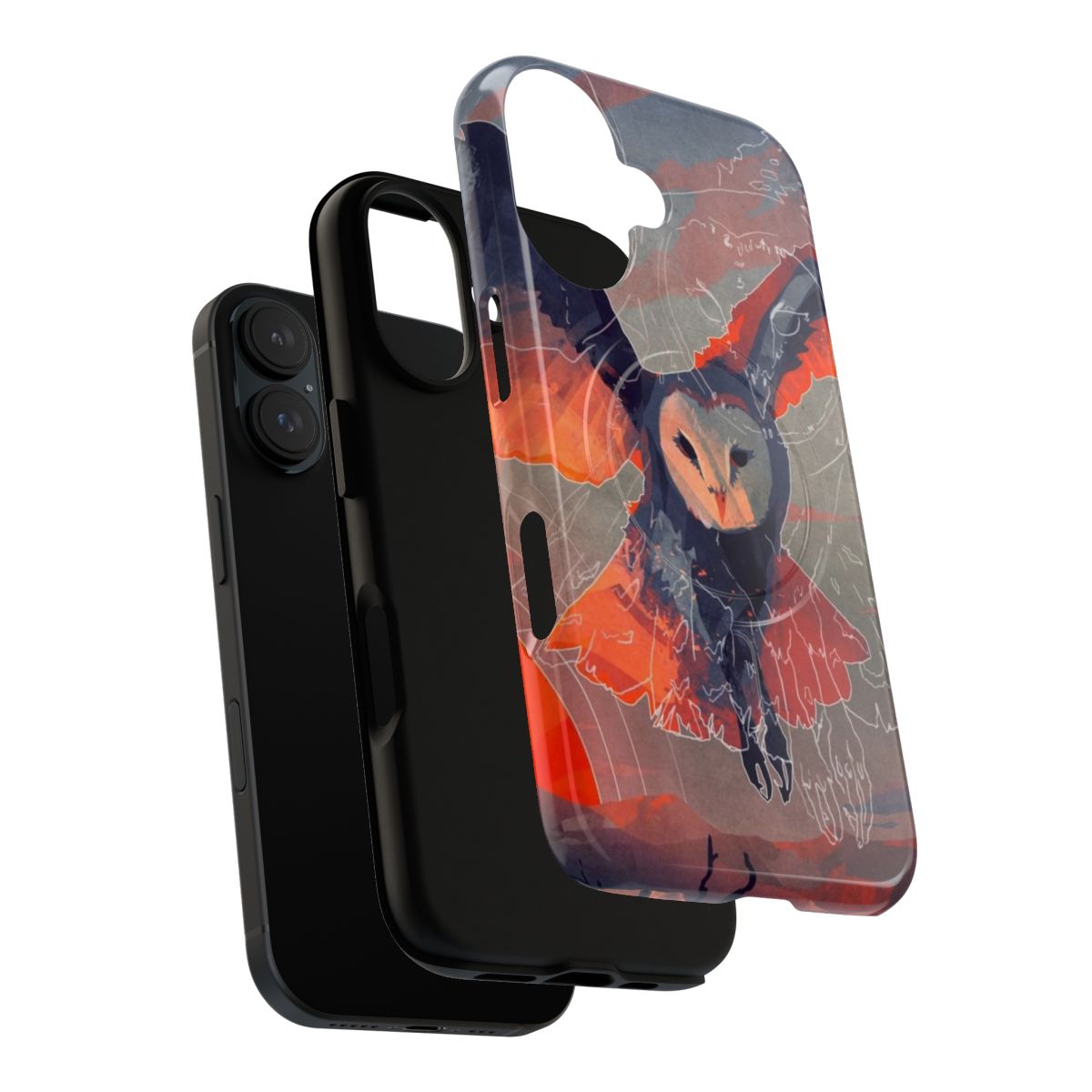 A magnetic phone case featuring a detailed sketch of an owl in flight against a vibrant sunset sky. - Layers