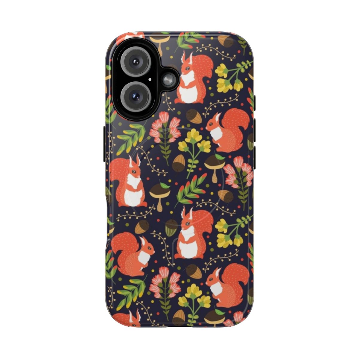 A colorful phone case featuring a cute, cartoon-style squirrel design surrounded by flowers and leaves.