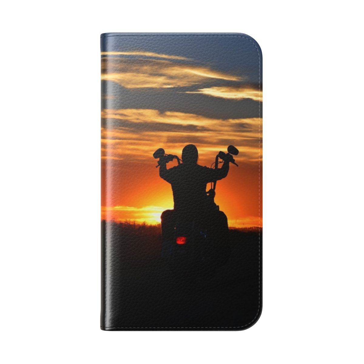 Sunset Rider Flip Cover Phone Case with Motorcycle Silhouette - Folded Back