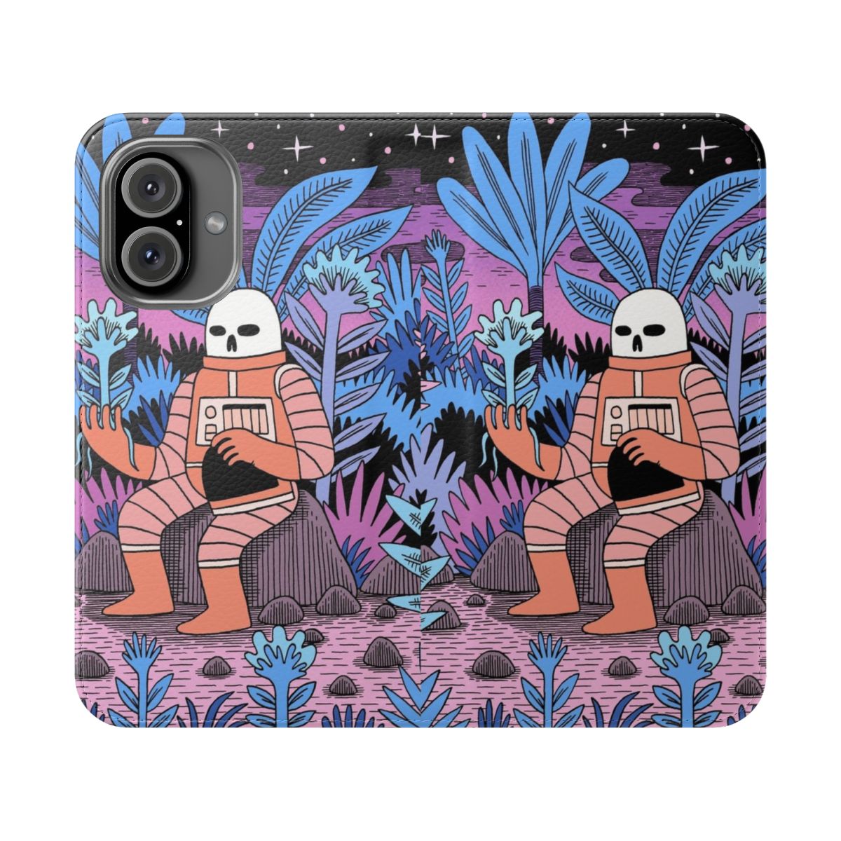 Cosmic space and skeleton texture phone flip cover case